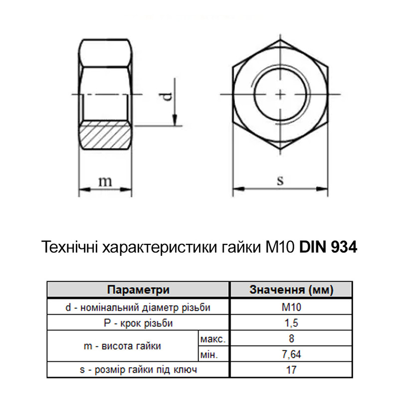 DIN934 М10 сталь 6 крок 1,5 під ключ 17мм гайка шестигранна без покриття [600000000601000000] Metalvis
