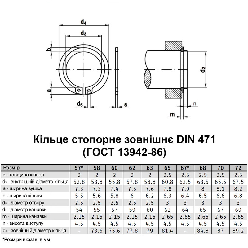 DIN471 ⌀70 толщина 2,5мм сталь кольцо стопорное наружное без покрытия (25 шт.) [95PK1000095PK10700] Metalvis