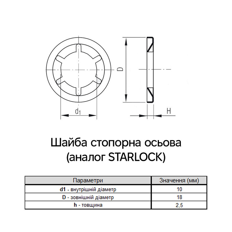 М10 зовнішній ⌀18мм товщина 2,5мм сталь шайба стопорна осьова без покриття [7XS000007XST100000] Metalvis