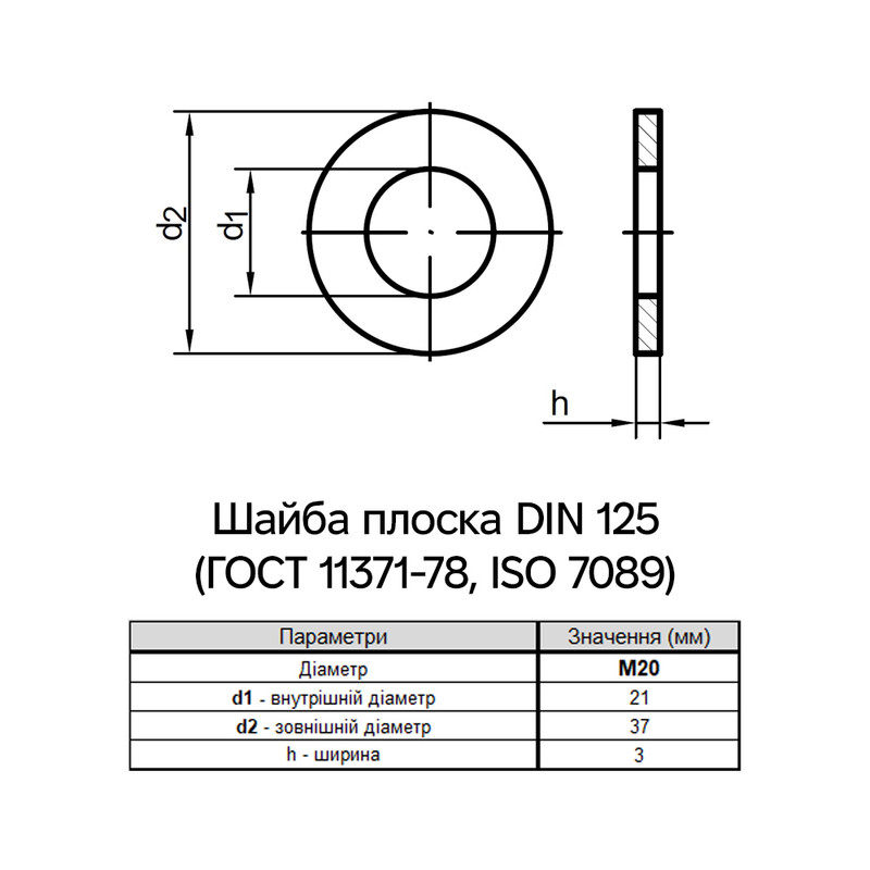 DIN125-1 М20 внешний ⌀37мм толщина 3мм сталь шайба плоская без покрытия [7O00000007O2000000] Metalvis
