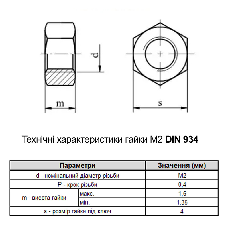 DIN934 М2 нержавіюча сталь крок 0,4 під ключ 4мм гайка шестигранна [N6000000N600200000] Metalvis