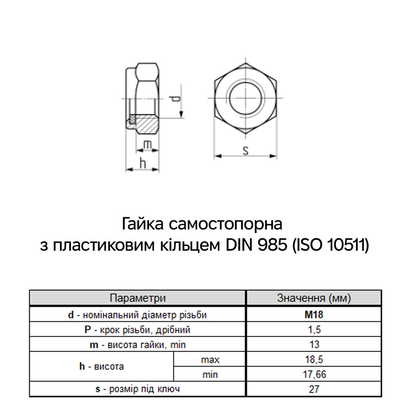 DIN985 М18 сталь 8 мелкий шаг 1,5 под ключ 27мм гайка самостопорящаяся цинк белый [6P2080006P18150082] Metalvis
