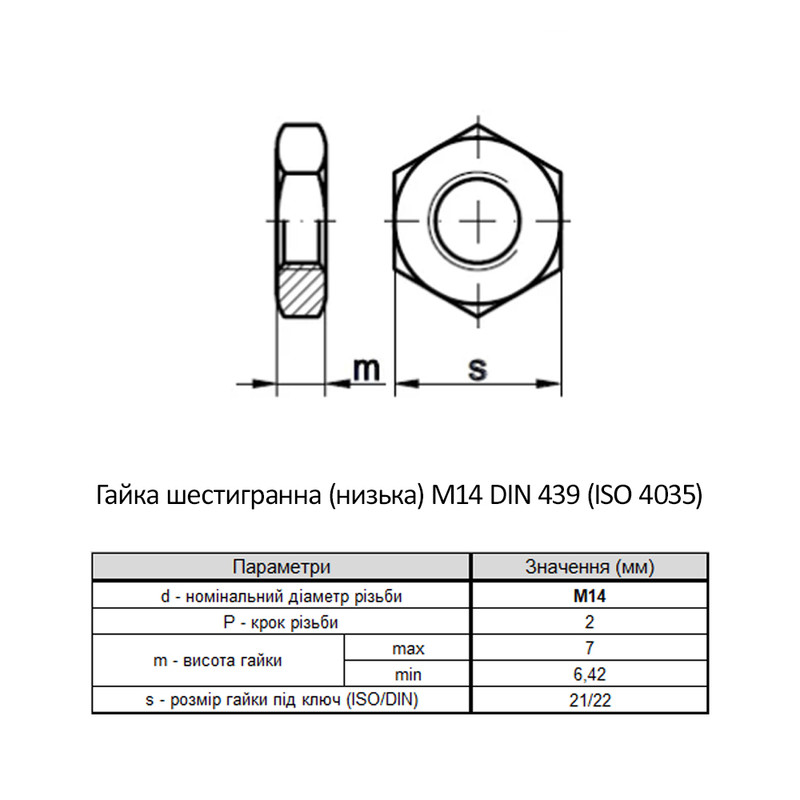 DIN439B М14 сталь 4 шаг 2 под ключ 22мм гайка шестигранная низкая цинк белый (100 шт.) [6Z20000006Z1420000]Metalvis