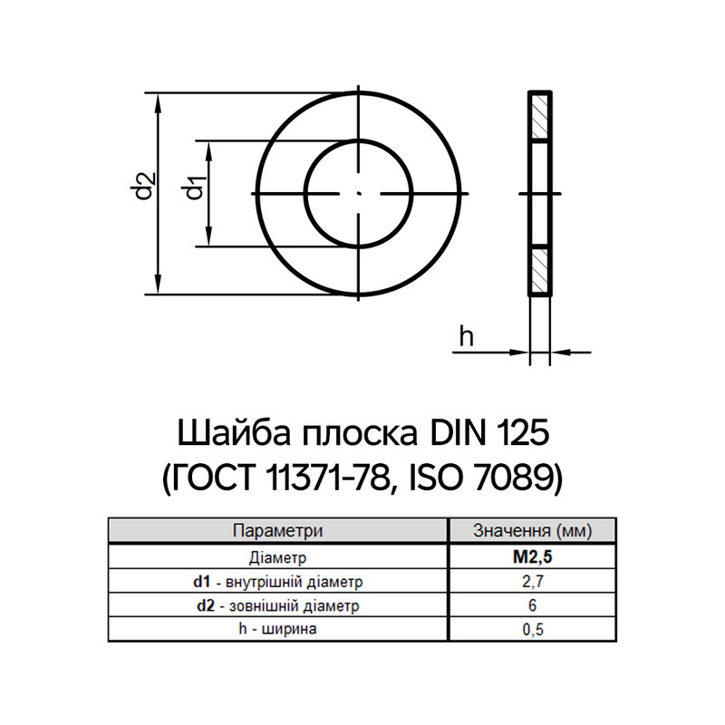 DIN125 М2,5 зовнішній ⌀6мм товщина 0,5мм нержавіюча сталь шайба плоска [N7000000N702500000] Metalvis