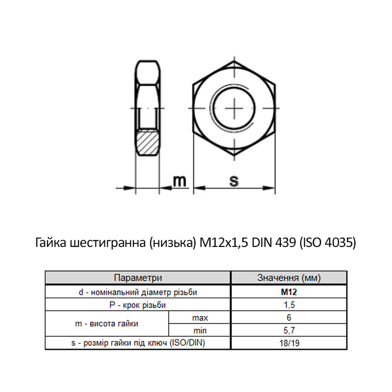 DIN439B М12 сталь 4 мелкий шаг 1,5 под ключ 19мм гайка шестигранная низкая цинк белый (100 шт.) [6Z20000006Z1220003]Metalvis
