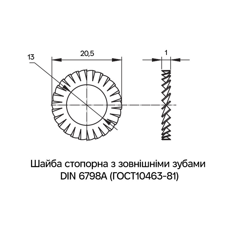 DIN6798A М12 зовнішній ⌀20,5мм товщина 1мм нержавіюча сталь шайба стопорна зубчаста [CM221200INOX] ДКС