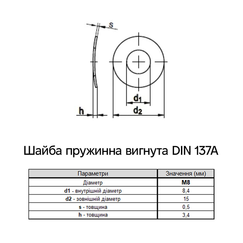DIN137A М8 внешний ⌀15мм толщина 0,5мм сталь шайба пружинная изогнутая цинк белый (500 шт.) [7PP0000007PP080020] Metalvis