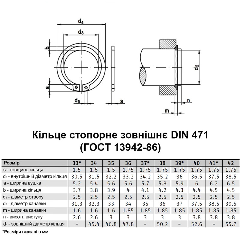 DIN471 ⌀33 товщина 1,5мм сталь кільце стопорне зовнішнє без покриття (100 шт.) [95PK1000095PK10330] Metalvis