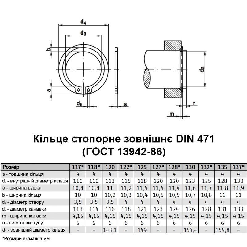 DIN471 ⌀120 толщина 4мм сталь кольцо стопорное наружное без покрытия [95PK1000095PK11200] Metalvis