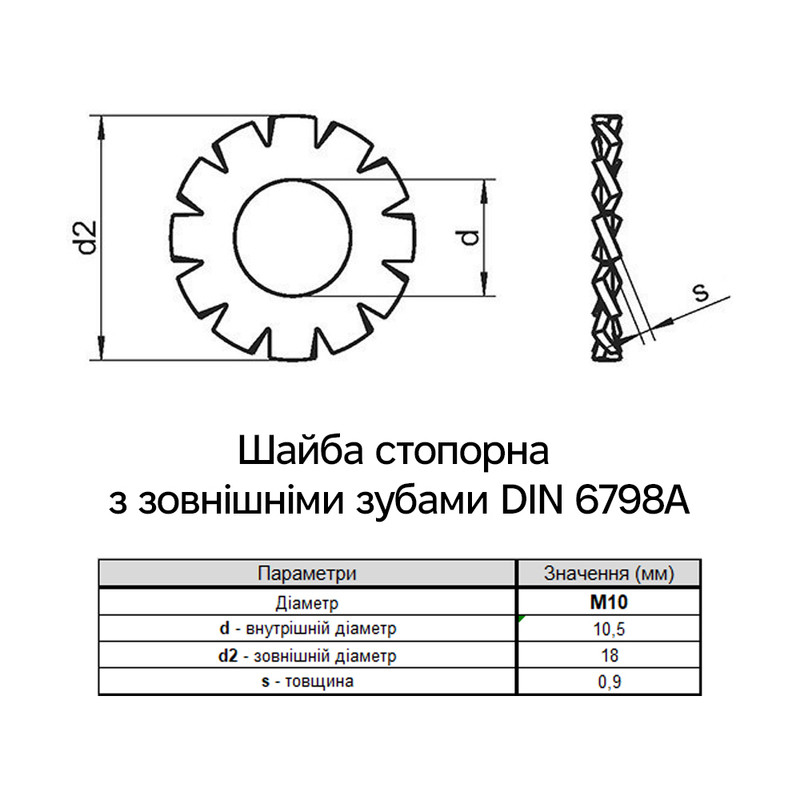 DIN6798A М10 внешний ⌀18мм толщина 0,9мм сталь шайба стопорная зубчатая цинк белый (500 шт.) [7V20000007V1020000] Metalvis