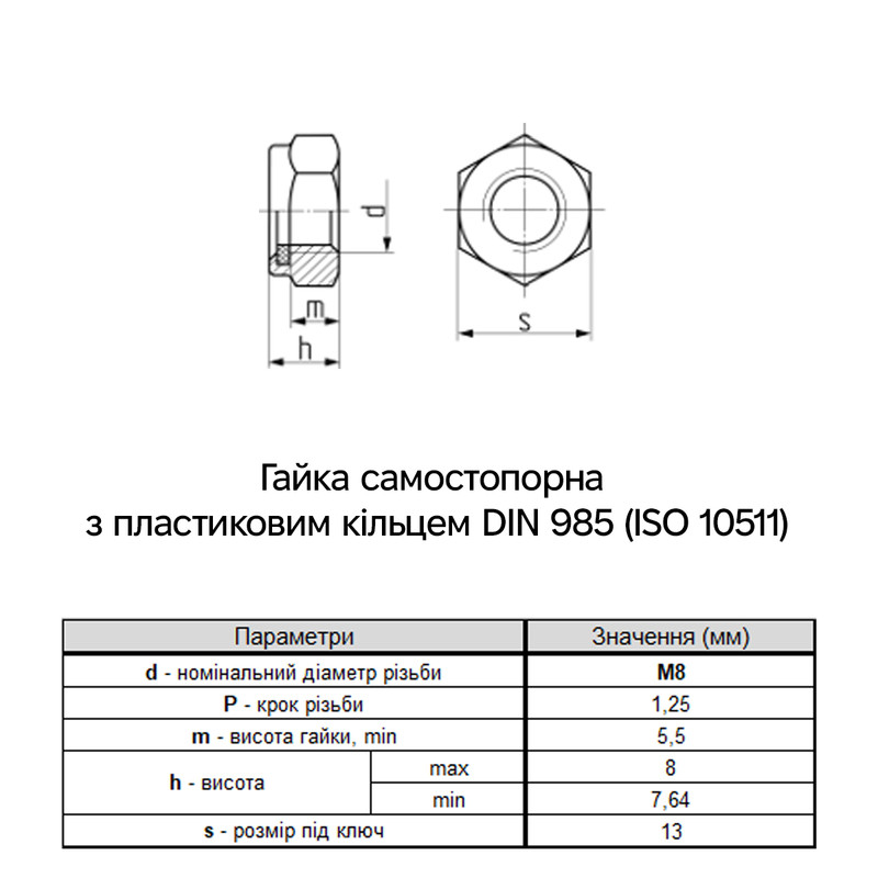 DIN985 М8 сталь 5 шаг 1,25 под ключ 13мм гайка самостопорящаяся цинк белый [CM250800] ДКС