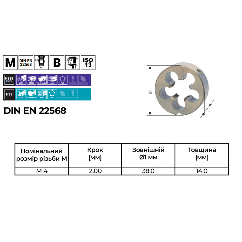 Плашка DIN EN22568/B M14 шаг 2мм сталь HSS [INRPLPL001402000R0] RUKO