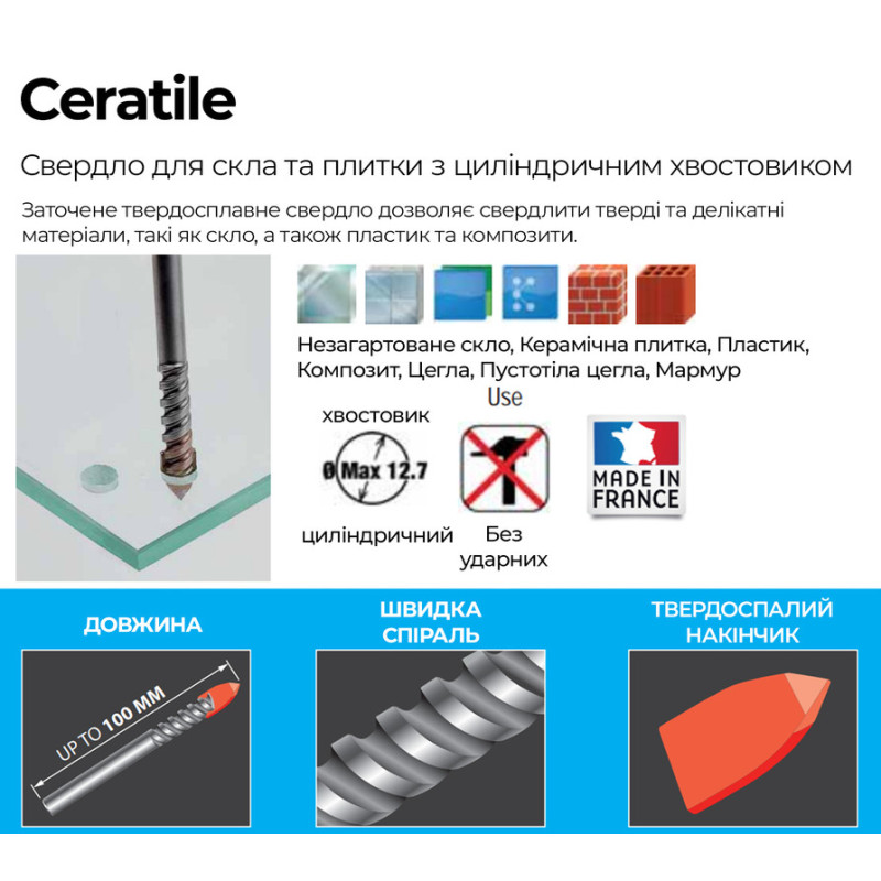 Сверло Ø8x70мм робоча L=30мм по стеклу, керамике [SD245000000400D080] Ceratile DIAGER