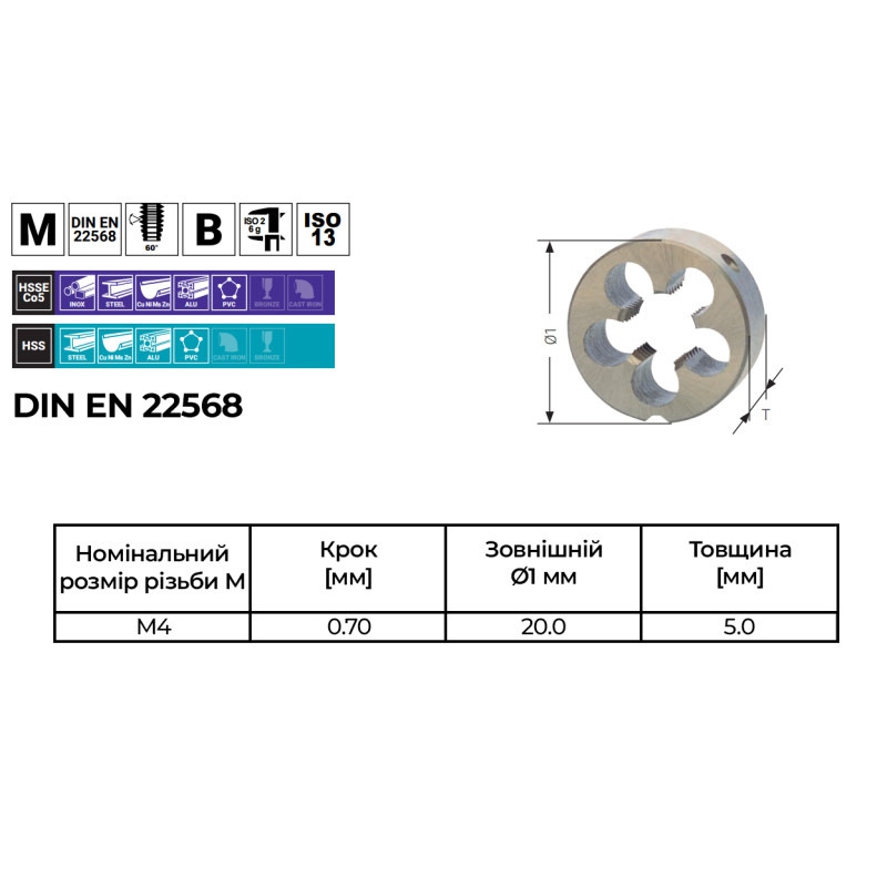 Плашка DIN EN22568/B M4 шаг 0,7мм сталь HSS [INRPLPL000400700R0] RUKO