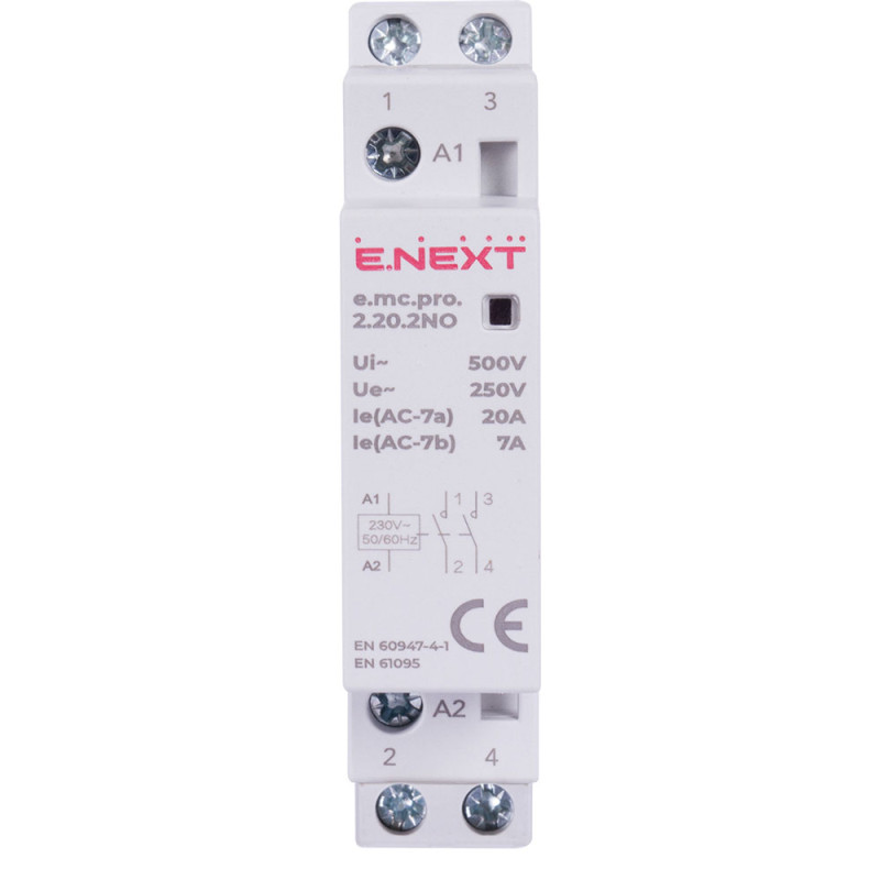 Контактор модульний 2P 20А 2NO 220V [p005217] E.NEXT e.mc.pro.2.20.2NO