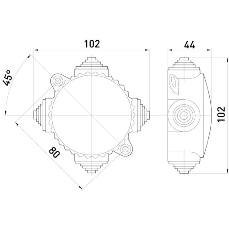 102х44мм зовнішня розподільча коробка 4 герметичні вводи IP44 [s027039] карболіт E.NEXT e.db.carb.4w.(КОР-74)
