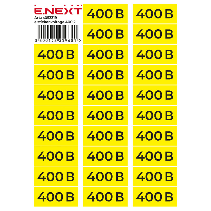 90x38мм Самоклеюча етикетка знак 400В жовтий (на аркуші 26шт) [s053319] E.NEXT e.sticker.voltage.400.2