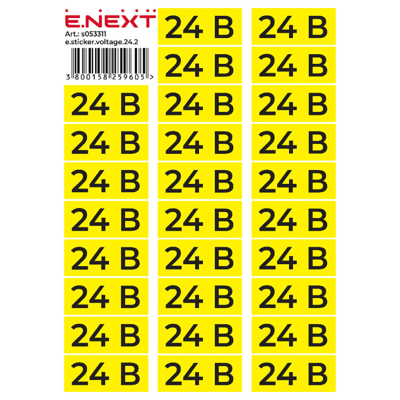 90x38мм Самоклеюча етикетка знак 24В жовтий (на аркуші 26шт) [s053311] E.NEXT e.sticker.voltage.24.2
