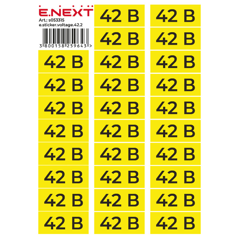 90x38мм Самоклеюча етикетка знак 42В жовтий (на аркуші 26шт) [s053315] E.NEXT e.sticker.voltage.42.2