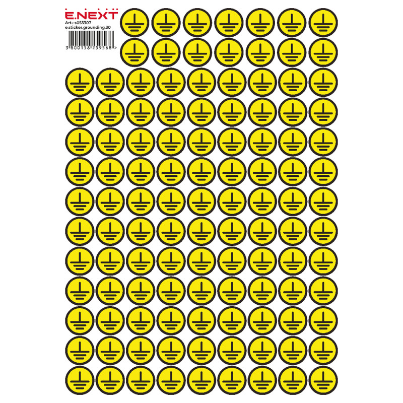 30x30x30мм Самоклеюча етикетка знак "Заземлення" жовтий (на аркуші 90шт) [s053307] E.NEXT e.sticker.grounding.30