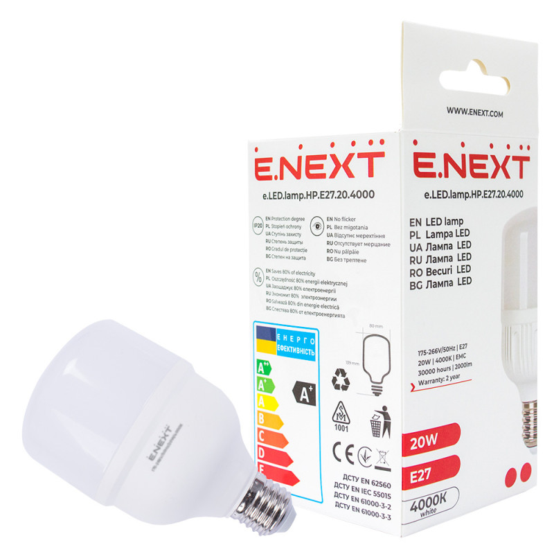Лампа светодиодная 20W 230V 2000lm 4000K E27 80x139mm сверхмощная [l0650636] E.NEXT e.LED.lamp.HP.E27.20.4000