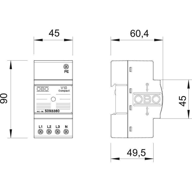 Обмежувач перенапруги 3P+N/PE 60кА 255В клас 2+3 (C+D) [5093380] V10 COMPACT 255 OBO bettermann