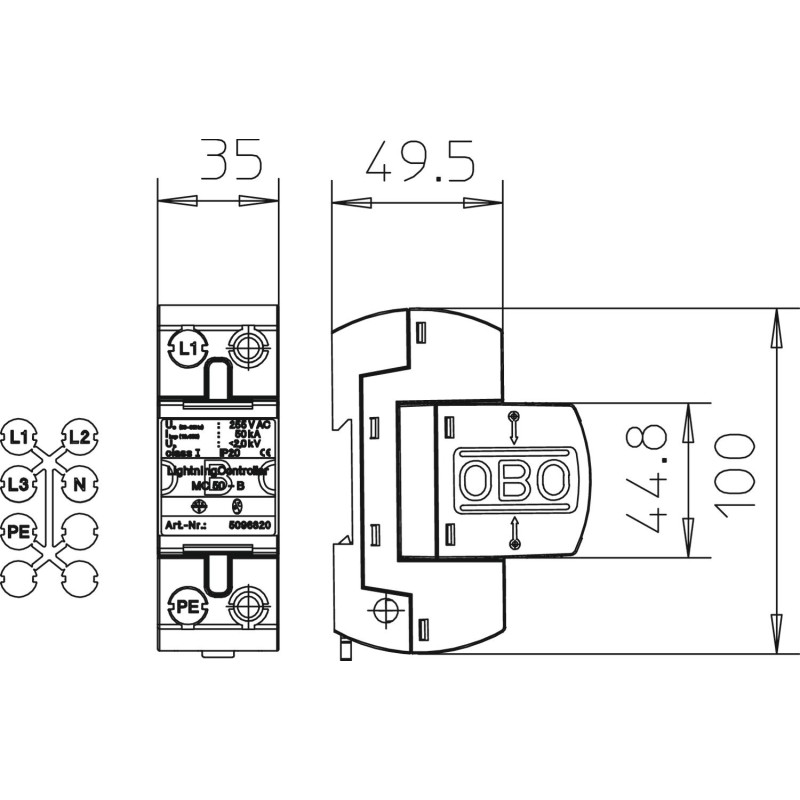 Обмежувач перенапруги 1P 50кА 255В клас 1 (B) [5096847] MC 50-B VDE OBO bettermann