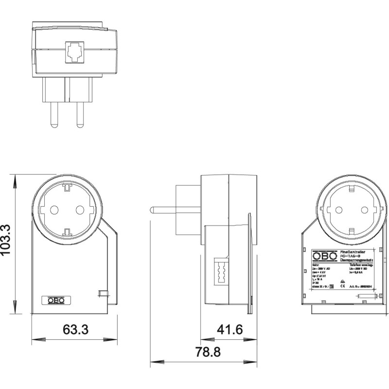 Обмежувач перенапруги FC-TAE 1+N/PE 3кА 230В клас 3 (C1) [5092824] FC-TAE-D OBO bettermann
