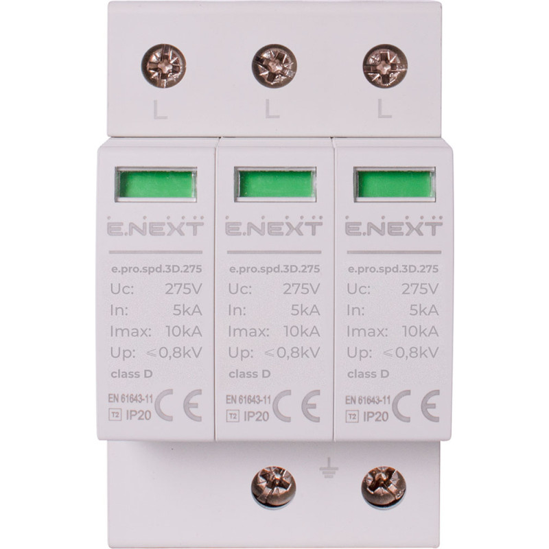 Обмежувач перенапруги 3P 10кА 275В клас 3 (D) [p076011] E.NEXT e.pro.spd.3D.275