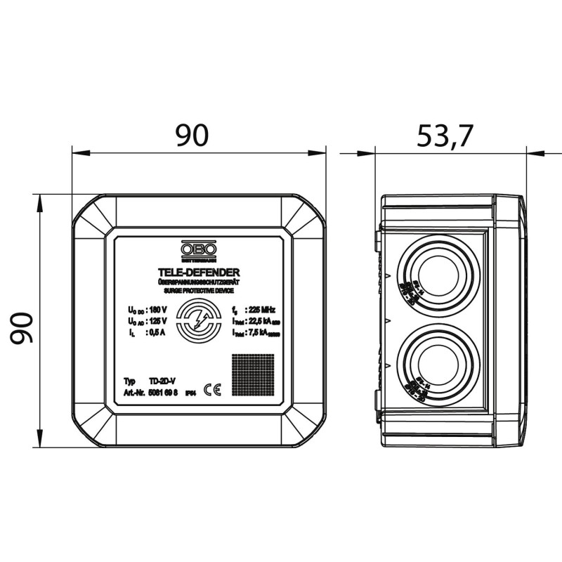 Пристрій кобінованого захисту TD-2D-V для систем VDSL 2P 22,5кА 180В DC клас 1+2+3 (D1+C2+C1) [5081698] TD-2D-V OBO bettermann