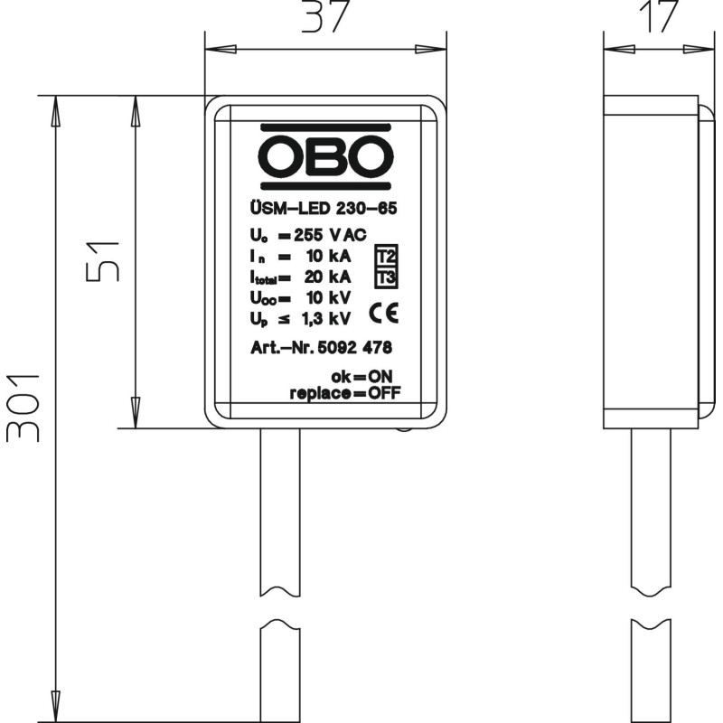 Обмежувач перенапруги 1P+N/PE 20кА 255В клас 3 (D) IP65 [5092478] ÜSM-LED 230 OBO bettermann
