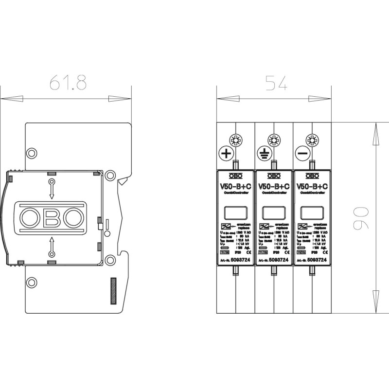 Обмежувач перенапруги 3P 50кА 600В DC клас 1+2 (B+С) (PV систем) [5093623] V50-B+C 3-PH600 OBO bettermann
