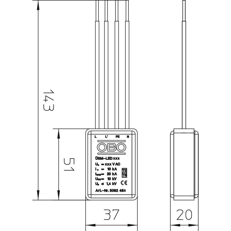 Обмежувач перенапруги 1P+N/PE 20кА 440В клас 3 (D) [5092482] ÜSM-LED 440 OBO bettermann