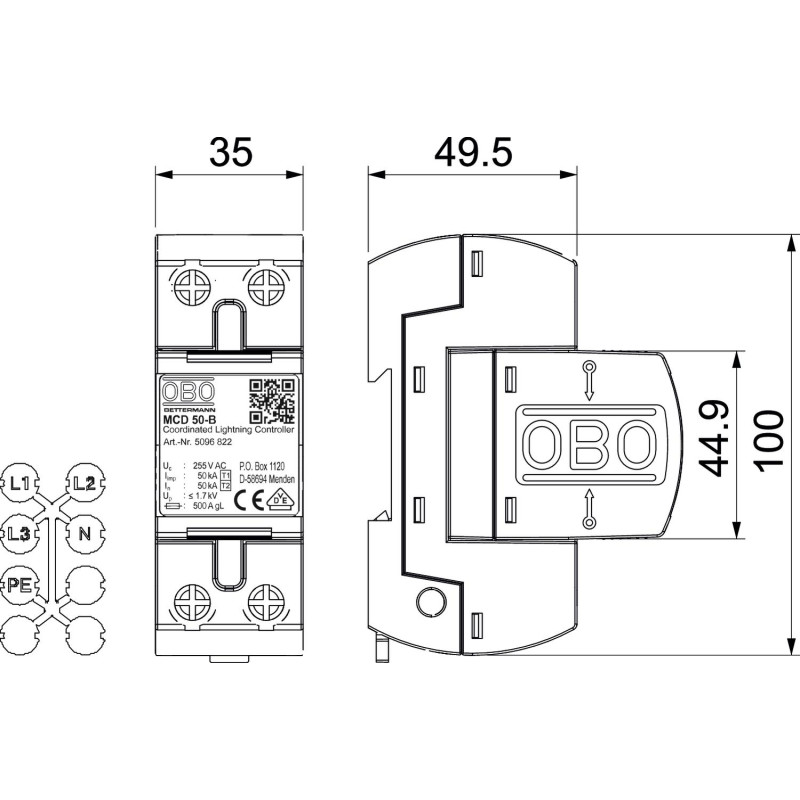 Обмежувач перенапруги 1P 50кА 255В клас 1+2 (B+С) [5096849] MCD 50-B OBO bettermann