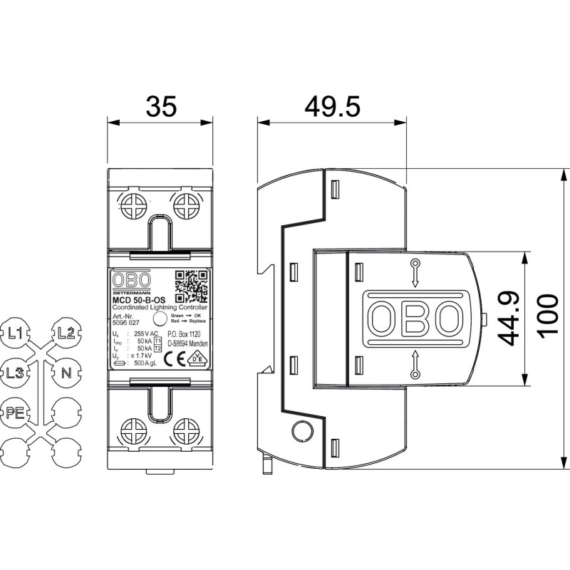 Обмежувач перенапруги 1P 50кА 255В клас 1+2 (B+С) [5096852] MCD 50-B OS OBO bettermann