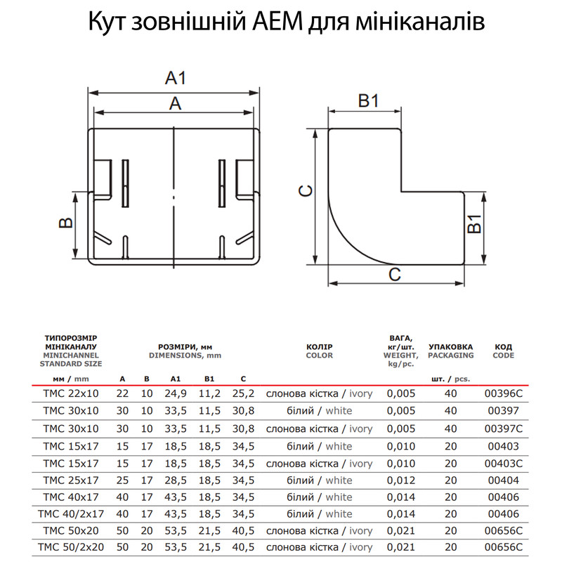 Угол наружный для короба 22x10мм ABS пластик RAL9001 [00396C] In-Liner Classic AEM ДКС