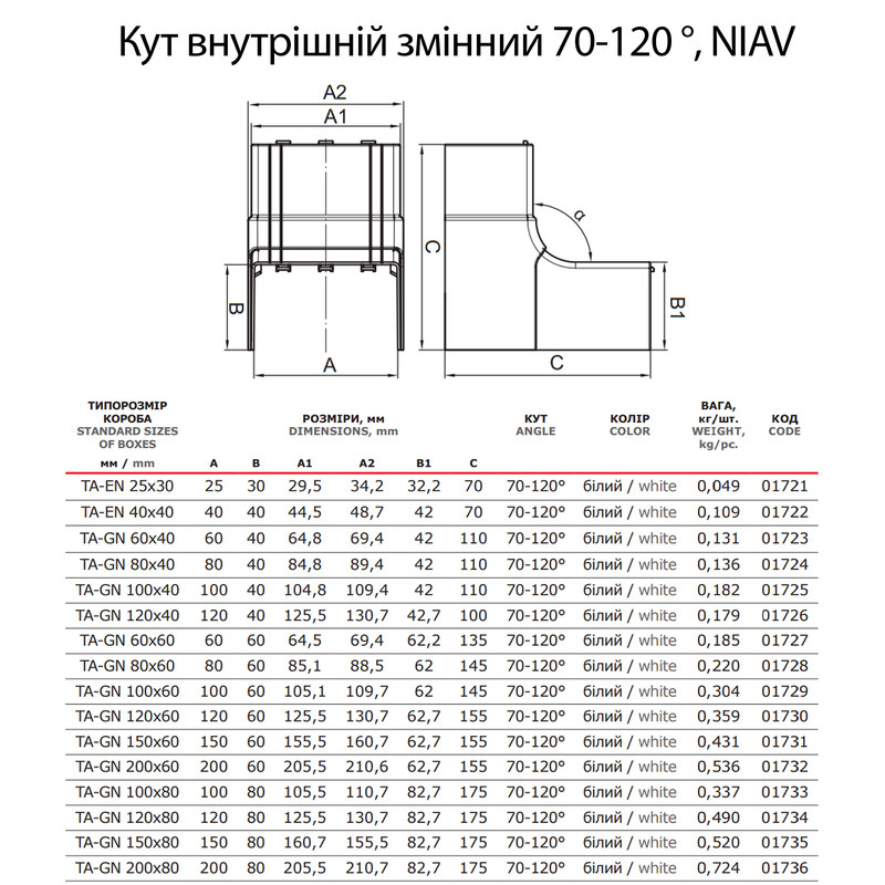 Угол внутренний для короба 200x60мм изменяемый 70-120° ABS пластик белый [01732] In-liner Classic NIAV ДКС