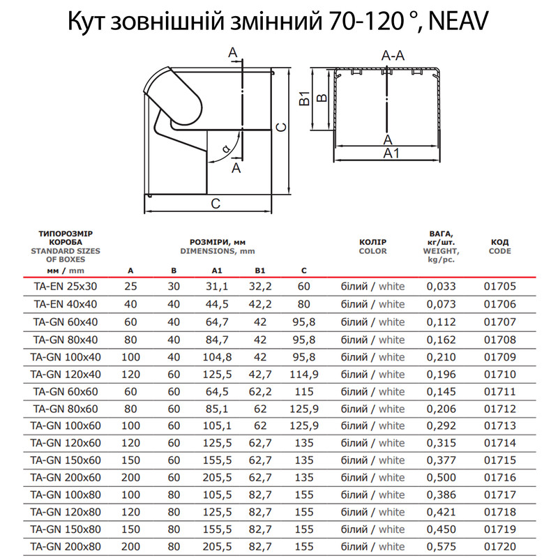 Угол наружный для короба 150x60мм изменяемый 70-120° ABS пластик белый [01715] In-Liner Classic NEAV ДКС