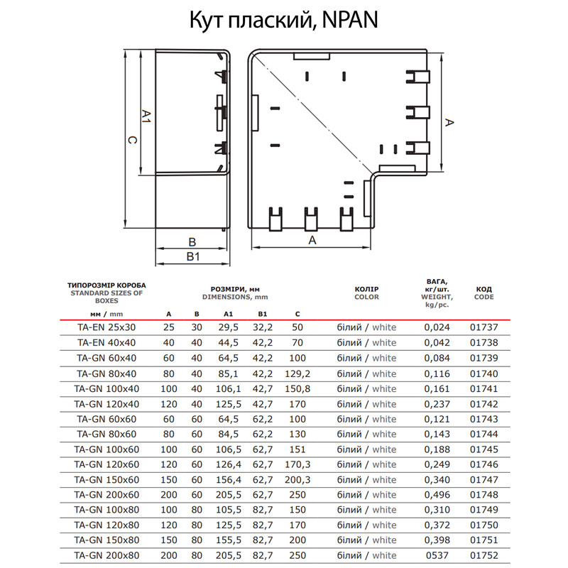 Кут плаский для короба 80x40мм ABS пластик білий [01740] In-Liner Classic NPAN ДКС