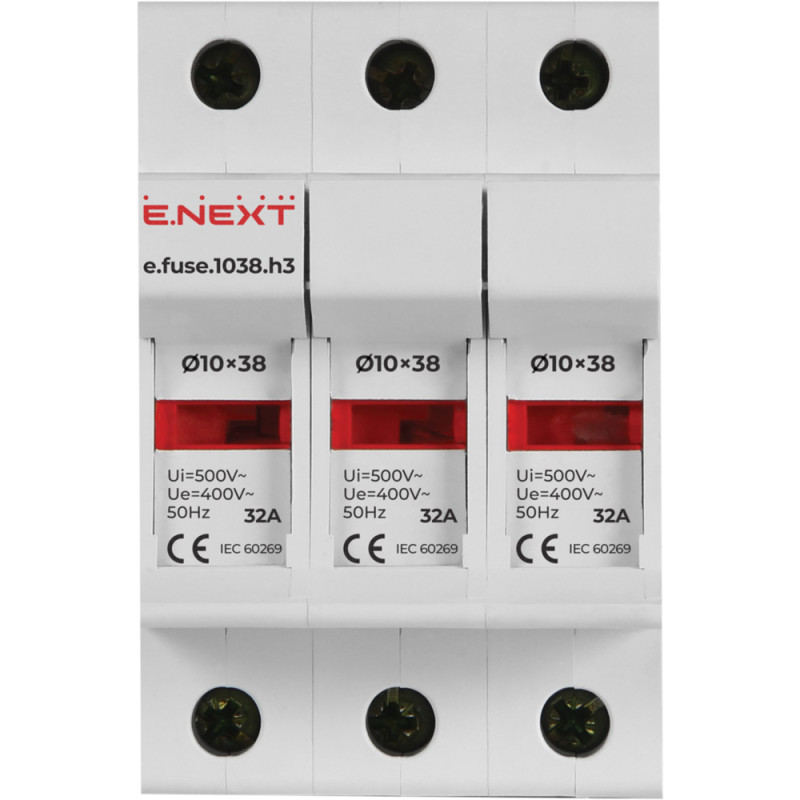 Тримач запобіжника 3р 32А 10х38мм [i0300003] e.fuse.1038.h3 E.NEXT