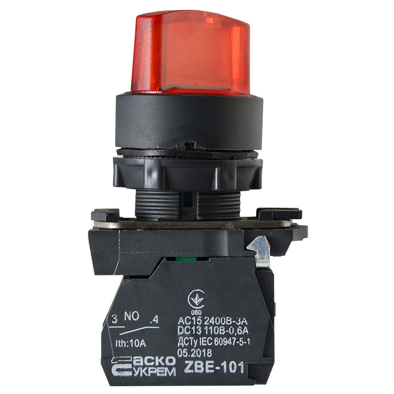 Переключатель "I-O" 1NO+1NC 22мм с подсветкой красный LED 220V 2 положения [A0140010166] TB5-AK124M5 АСКО