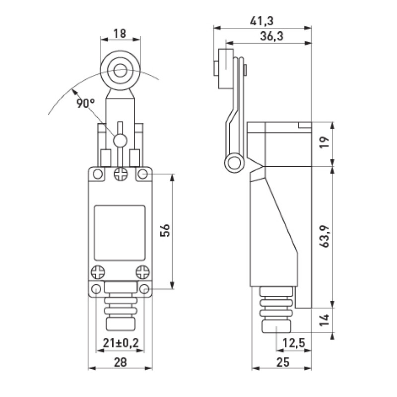 Вимикач кінцевий 1NO+1NC 5A 230V важіль із роликом [s0070005] e.limitswitch.01 E.NEXT