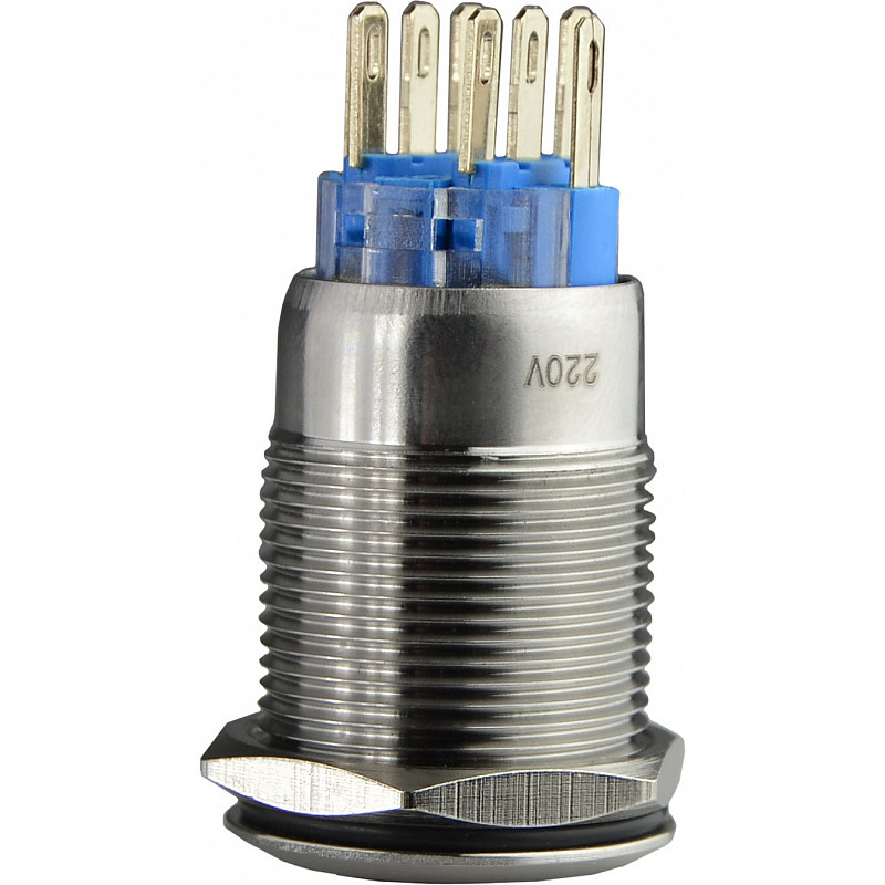 Кнопка металлическая плоская 2NO+2NC 19мм с подсветкой зеленый LED 220V [A0140010116] TYJ 19-272 АСКО