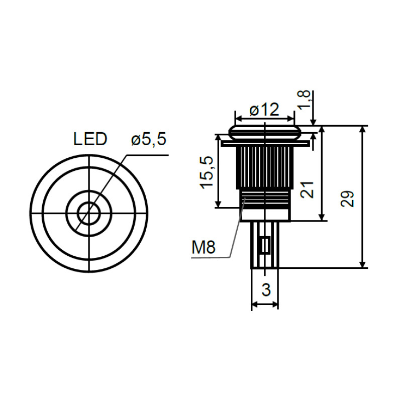 Лампа сигнальная 8мм желтый LED 220V AC металл [A0140030206] TY08F АСКО