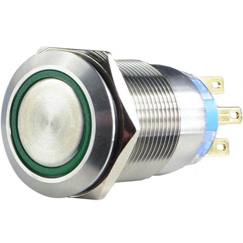 Кнопка металлическая плоская 2NO+2NC 19мм с подсветкой зеленый LED 220V [A0140010116] TYJ 19-272 АСКО