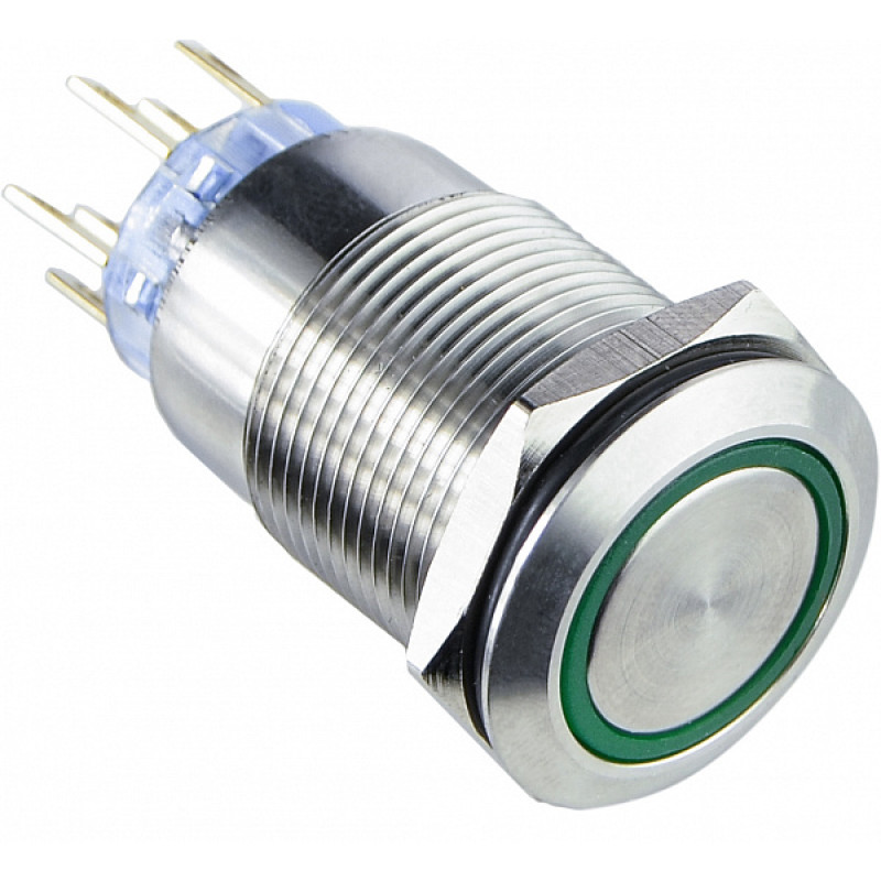 Кнопка металлическая плоская 2NO+2NC 19мм с подсветкой зеленый LED 220V [A0140010116] TYJ 19-272 АСКО