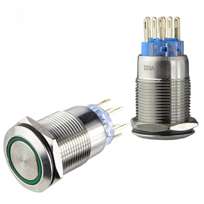 Кнопка металлическая плоская 2NO+2NC 19мм с подсветкой зеленый LED 220V [A0140010116] TYJ 19-272 АСКО