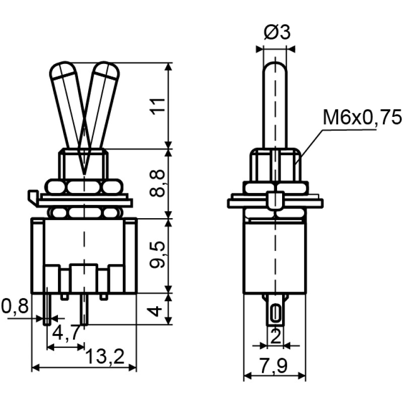 Тумблер "ON-OFF" 1NO 3А 250V 2 положения 2 контакта с фиксацией [A0140060010] MTS-101 АСКО