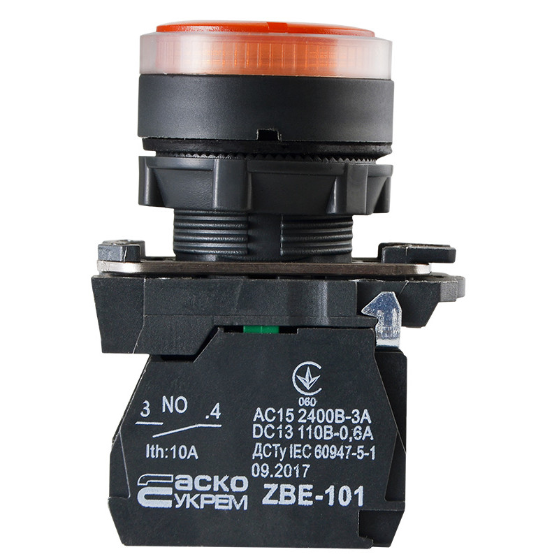 Кнопка управления 1NO+1NC 22мм с подсветкой желтый LED 220V [A0140010175] TB5-AW35M5 АСКО