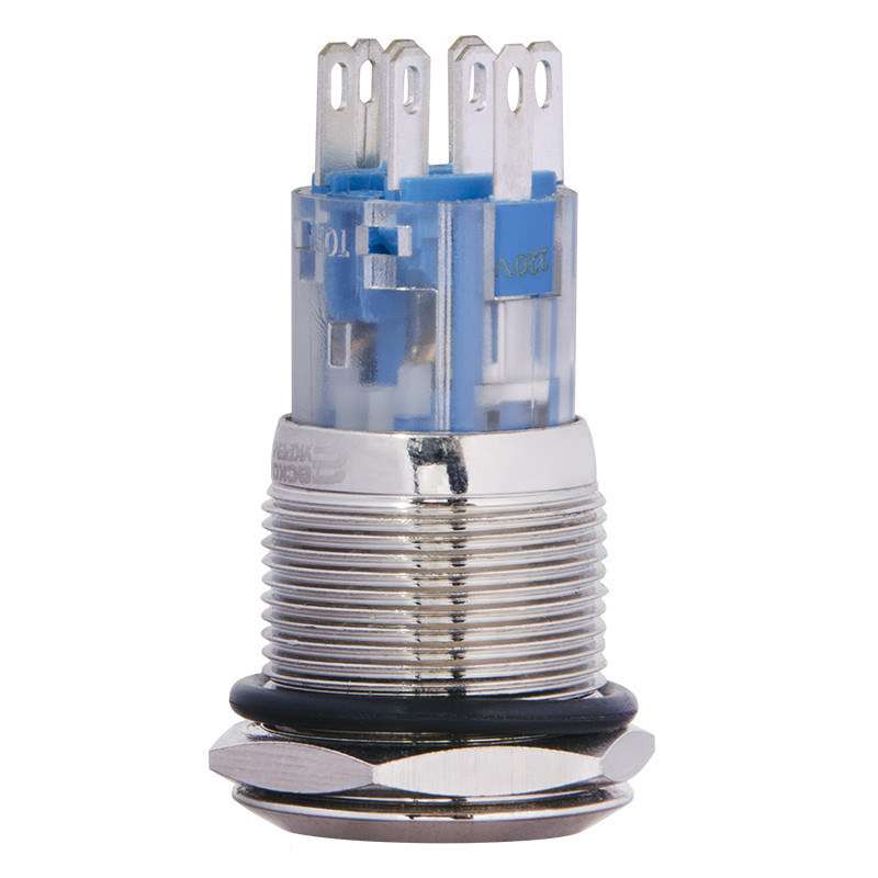 Кнопка металлическая плоская 2NO+2NC 19мм с подсветкой красный LED 220V [A0140010117] TYJ 19-272 АСКО